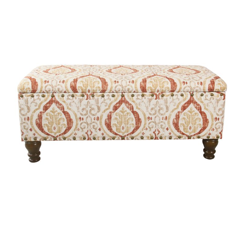 Ava Storage Accent Bench, 42 Inch Orange and Cream Medallion Design image number 1