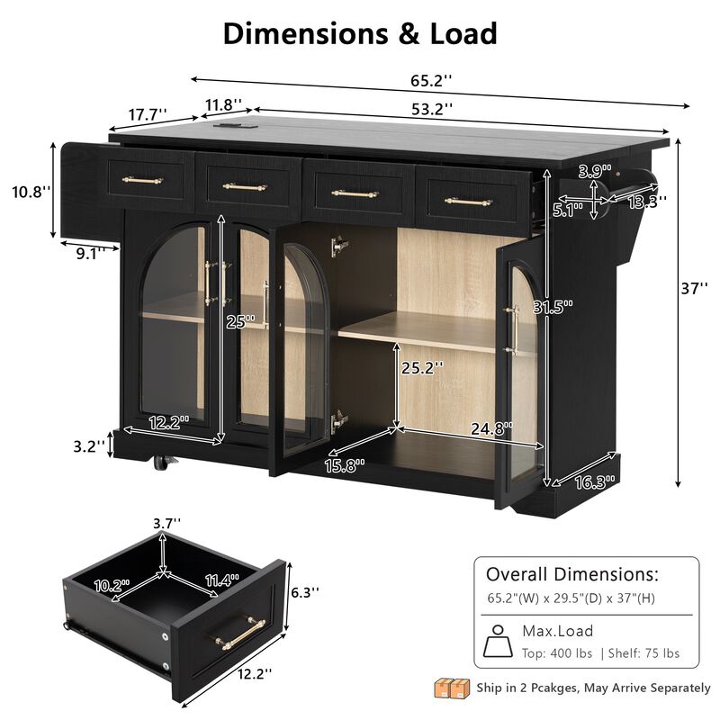 Merax Rolling Kitchen Island with Arched Tempered Glass Display Cabinets, Adjustable Shelves image number 4