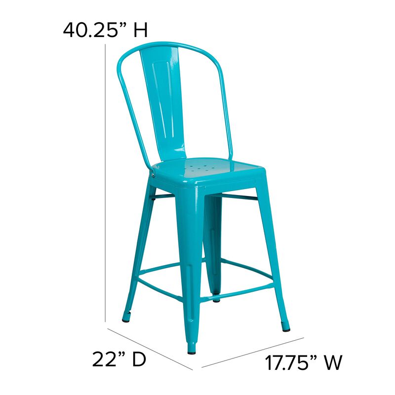 Flash Furniture Carly Commercial Grade 24" High Crystal Teal-Blue Metal Indoor-Outdoor Counter Height Stool with Back