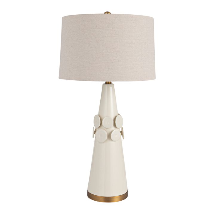 Stoneware Conical Table Lamp with Cream Crackle Glaze and Natural Linen Shade