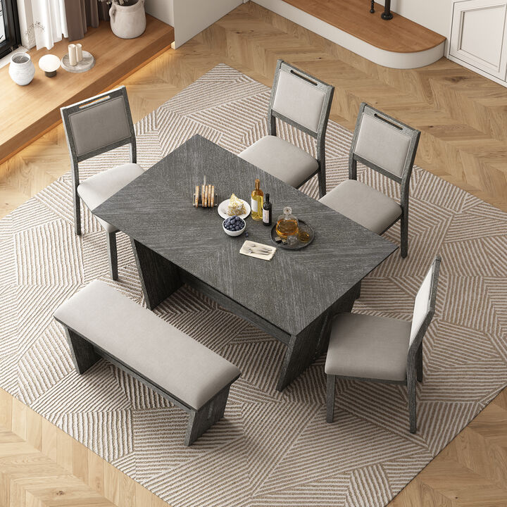 Merax Vintage Farmhouse Dining Set with Trapezoid Table Base, Carved Chairs