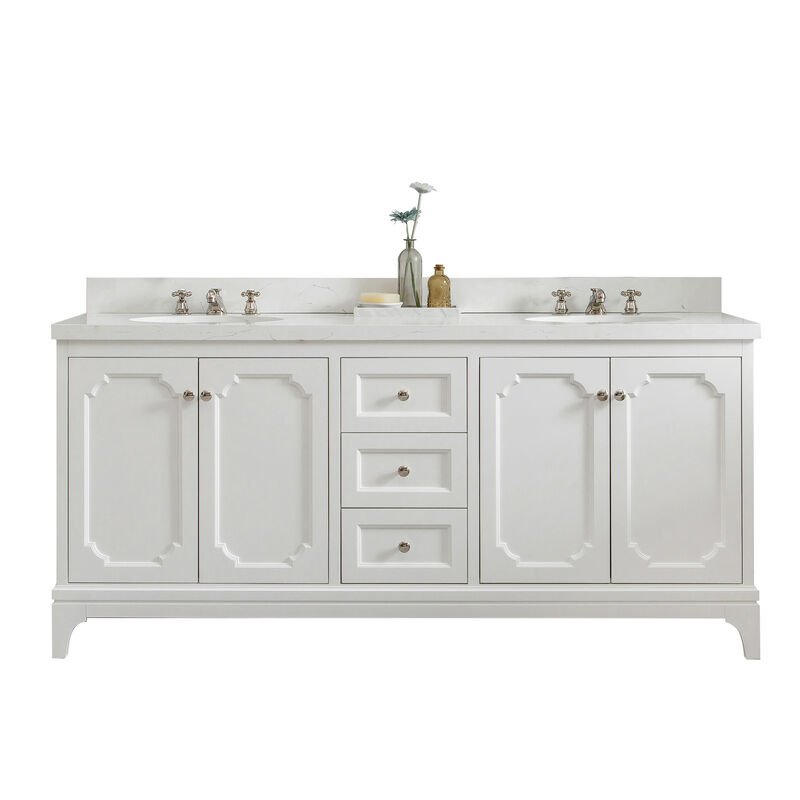 Queen 72 In. Double Sink Sink Carrara Quartz Countertop Bath Vanity in Pure White with Polished Nickel (PVD) Hardware