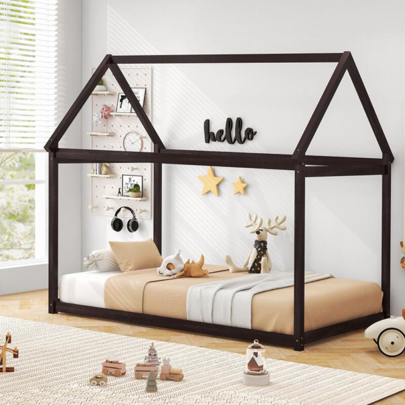 Hivvago Twin Size Kids House Bed Wood Frame with Roof