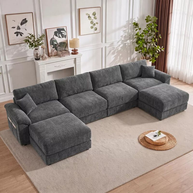 Vipbear 150 Inch Chenille Oversized Modular Sectional Sofa U Shaped Cloud Couch with Movable Ottoman image number 9