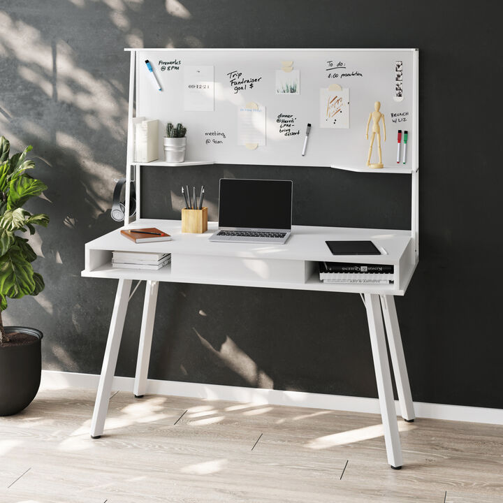 Study Computer Desk with Storage & Magnetic Dry Erase White Board, White