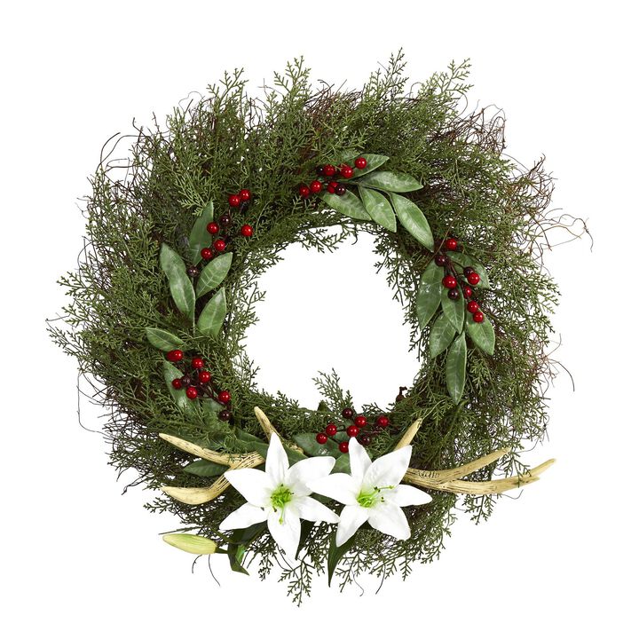 Nearly Natural 20-in Cedar, Antlers, Lily and Ruscus with Berries Wreath