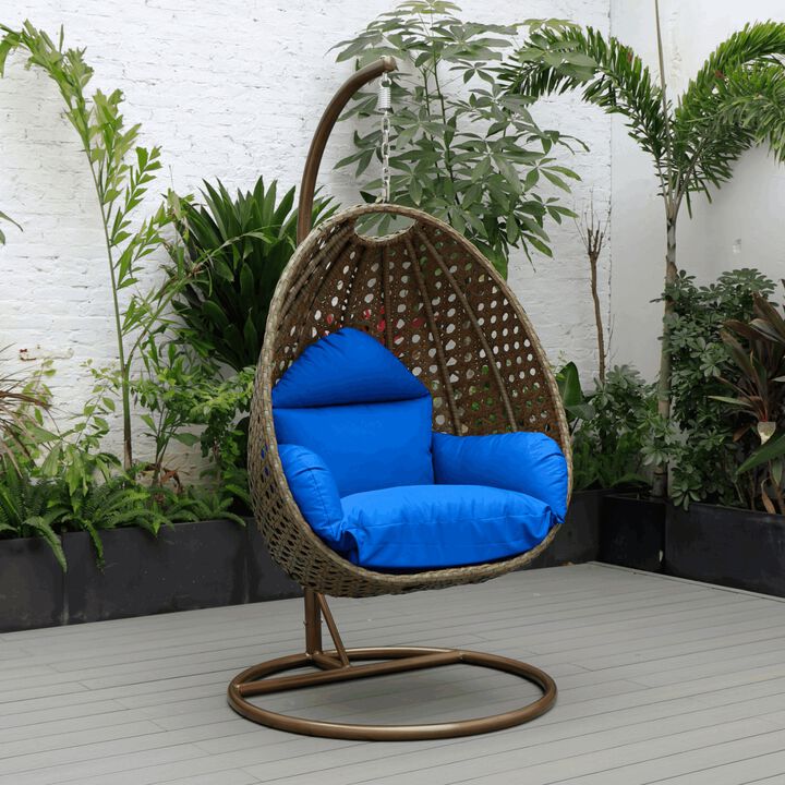 LeisureMod Beige Wicker Rattan Hanging Egg Swing Chair with Stand & Cushion, Perfect for Indoor and Outdoor Relaxation