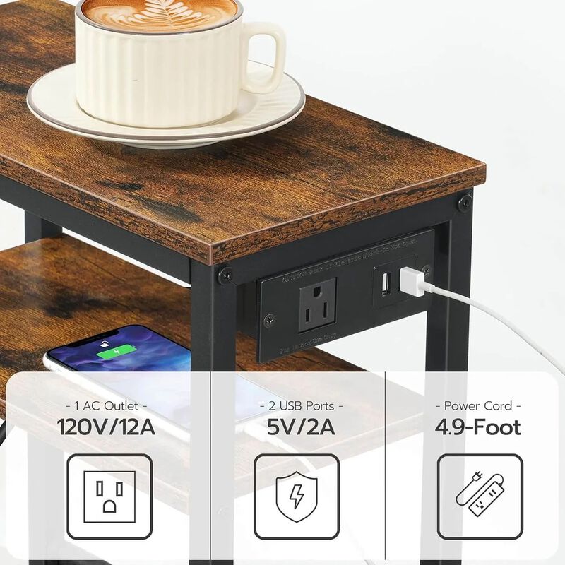 Slim Side Table with Charging Station for Bedroom and Living Room-Brown image number 5