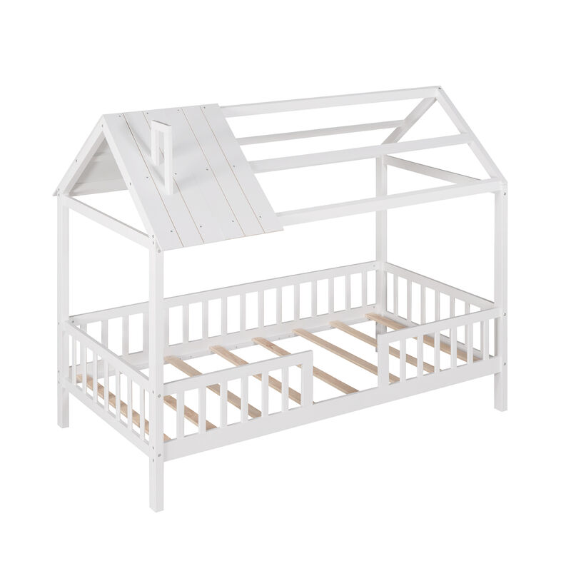 Whisen Twin Size Wood House Bed with Fence and Roof for Kids