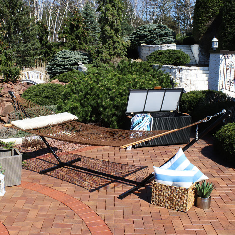 Sunnydaze 2-Person Polyester Rope Hammock with Steel Stand - Brown