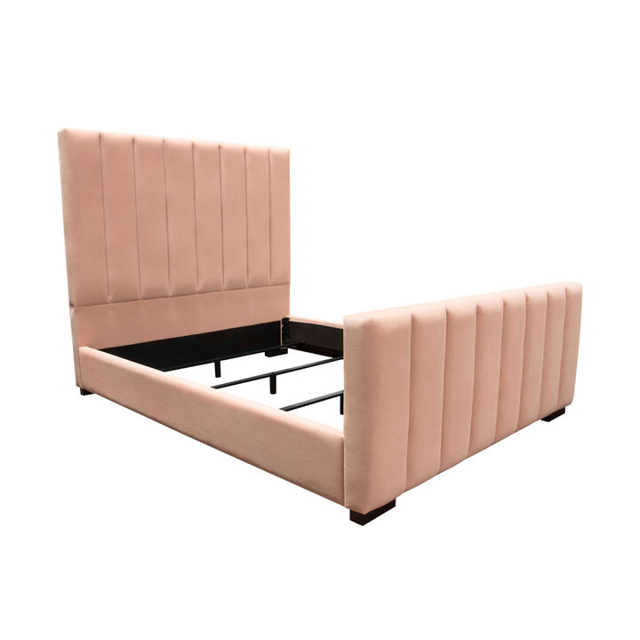 Eva King Bed, Vertical Channel Tufted Blush Pink Velvet Upholstery