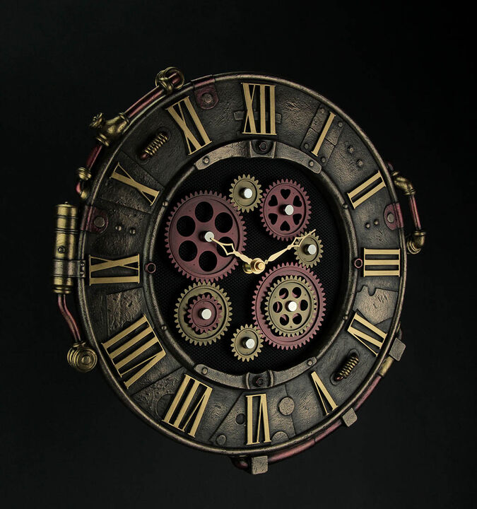 Steampunk Bronze Finish Rivet Plate Wall Clock With Moving Gears