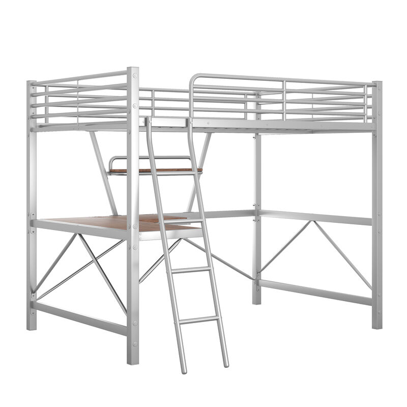 Whisen Modern Full Size Metal Loft Bed with Built-in Desk, Shelf and Ladder - Silver