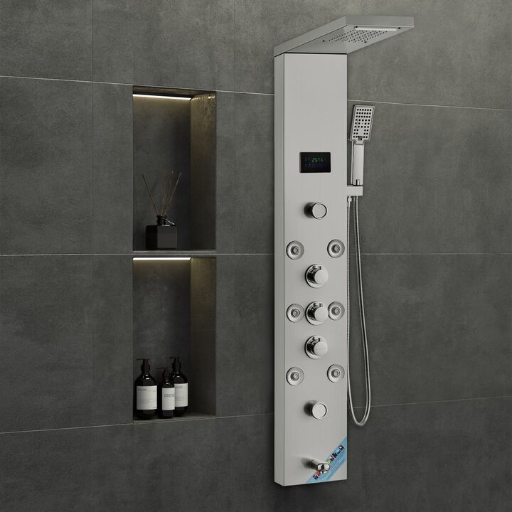LED Hydro Shower Panel with 6 Modes, 8 Massage Jets, Tub Spout, Handheld Shower-Silver