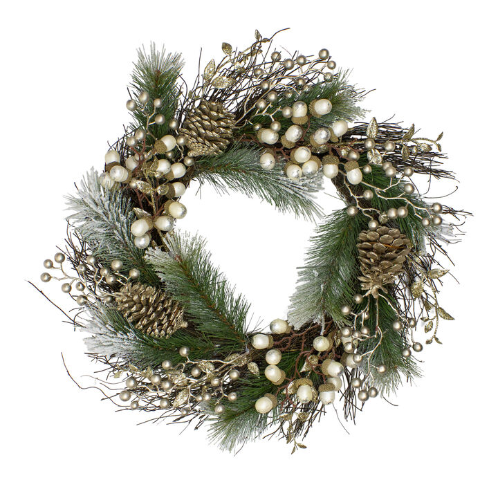 Acorn and Pine Cone Flocked Pine Needle Artificial Christmas Wreath - 22-Inch  Unlit