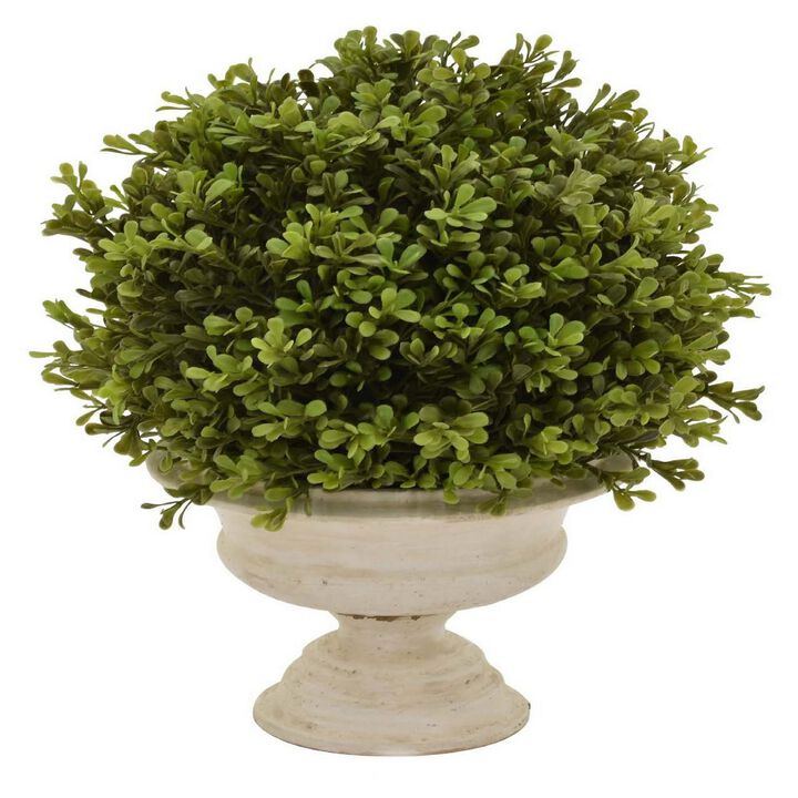 15 Inch Faux Boxwood Topiary Plant in Urn Pedestal Pot, Off White Planter - Benzara