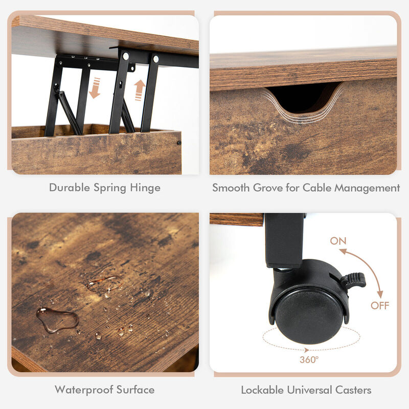Lift Top End Table with Charging Station and Universal Wheels-Rustic Brown image number 8