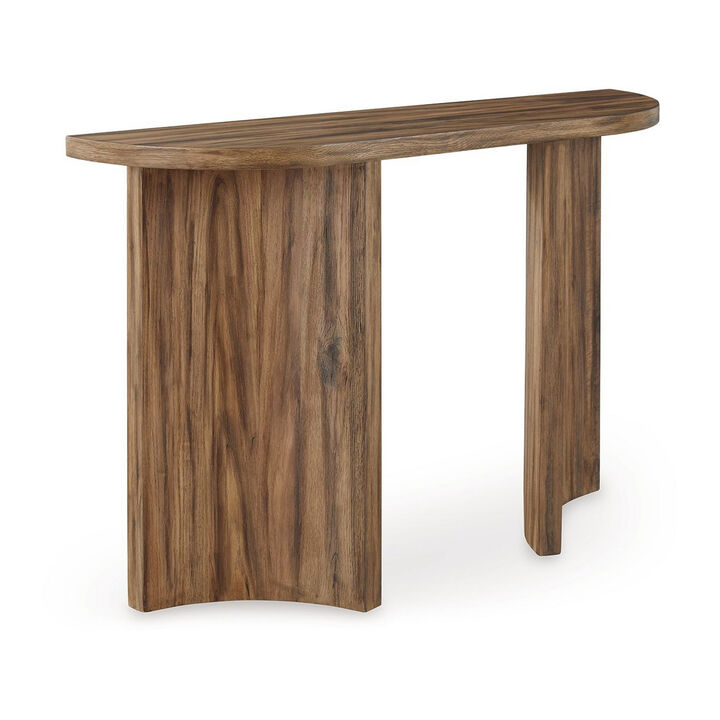 Anny Sofa Console Table, Curved Plinth Base, 52 Inch Brown Oak Wood