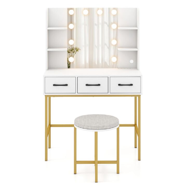 Makeup Vanity Desk with Mirror, Lights, and Cushioned Stool Set-White