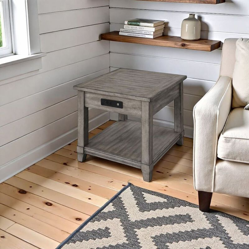 FurniFact Gray Wooden Side Table with Drawer, USB Ports &ndash; End Tables Living Room image number 2