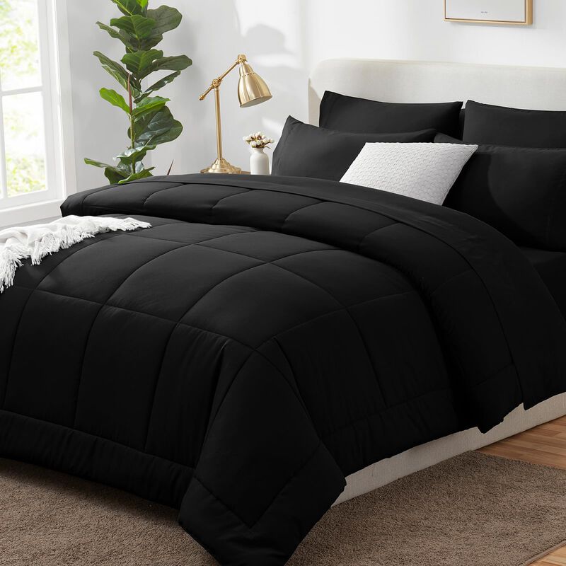 CozyLux Full Comforter Set - 7 Pieces Bed in a Bag Set Black, Bedding Sets Queen with All Season Quilted Comforter, Flat Sheet,