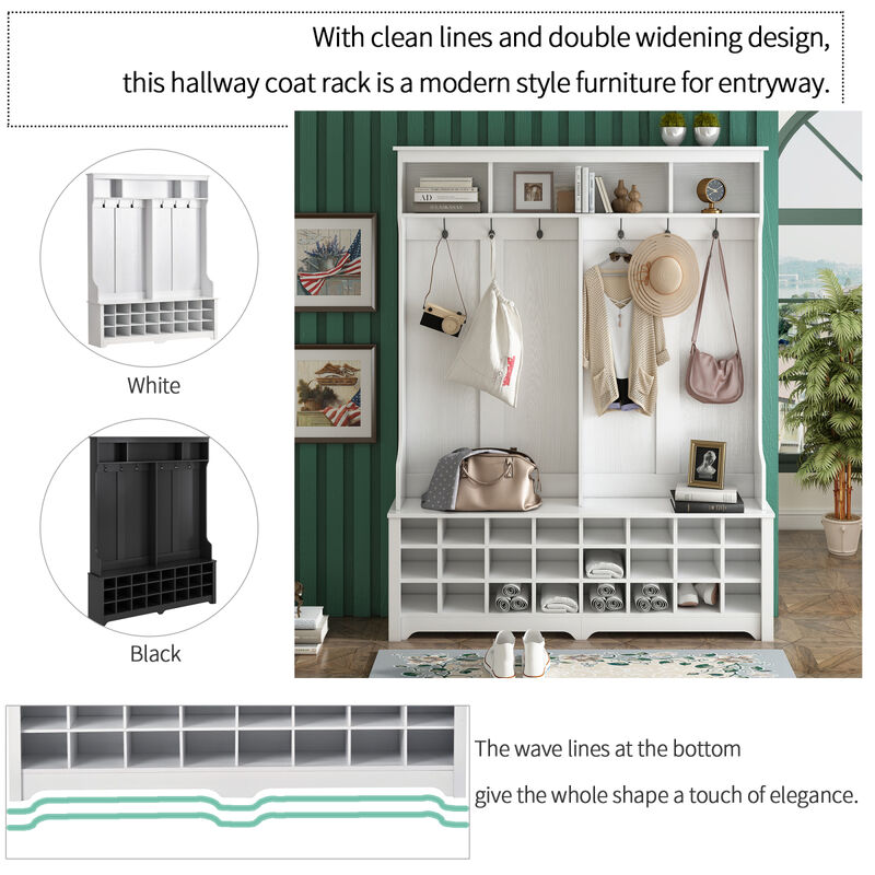 Modern Style Multiple Functions Hallway Coat Rack with Metal Black Hooks, Entryway Bench 60" Wide Hall Tree with Ample Storage Space and 24 Shoe Cubbies, White