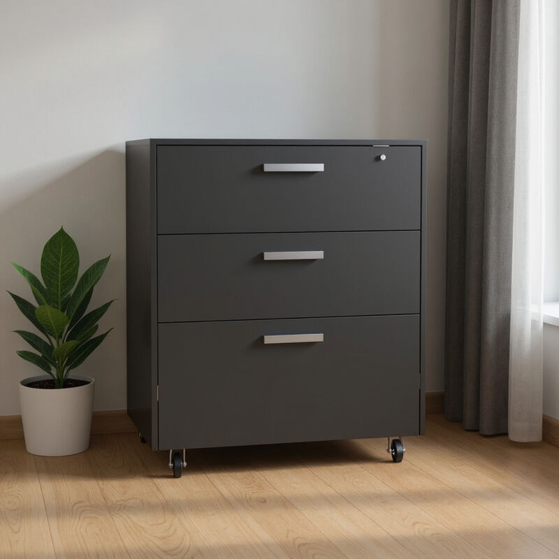 HomeRoots 35" Black Wood Three Drawers Filing Cabinet image number 1
