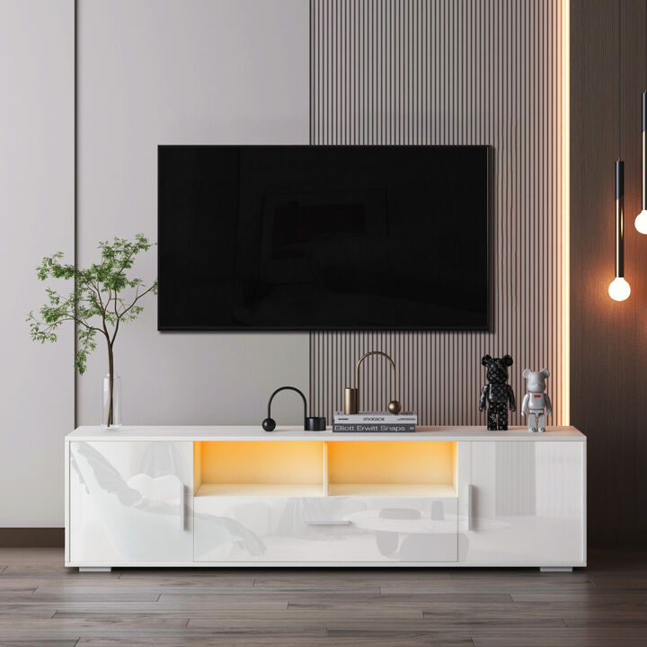 WHITE Modern TV Stand, only 20 minutes to finish assemble, with LED Lights, high glossy front TV Cabinet, can be assembled in Lounge Room, Living Room or Bedroom, color:WHITE