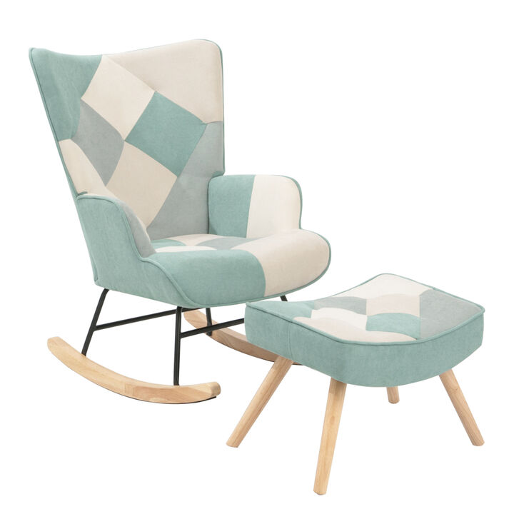 Rocking Chair with ottoman, Mid Century Fabric Rocker Chair with Wood Legs and Patchwork Linen for Livingroom Bedroom