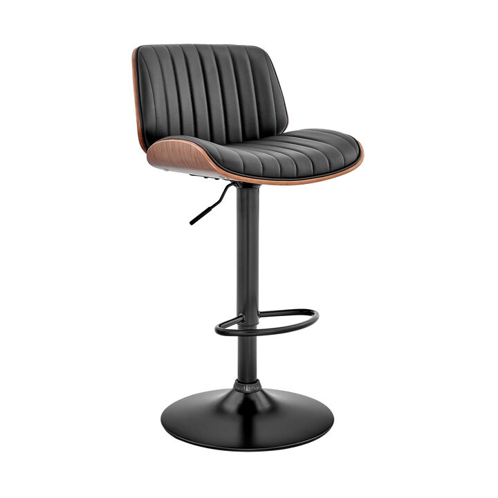 Brock Adjustable Gray Faux Leather and Walnut Wood Stool with Black Base