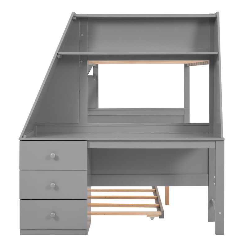 Whisen Twin over Full Bunk Bed with Trundle and Built-in Desk, Three Storage Drawers and Shelf