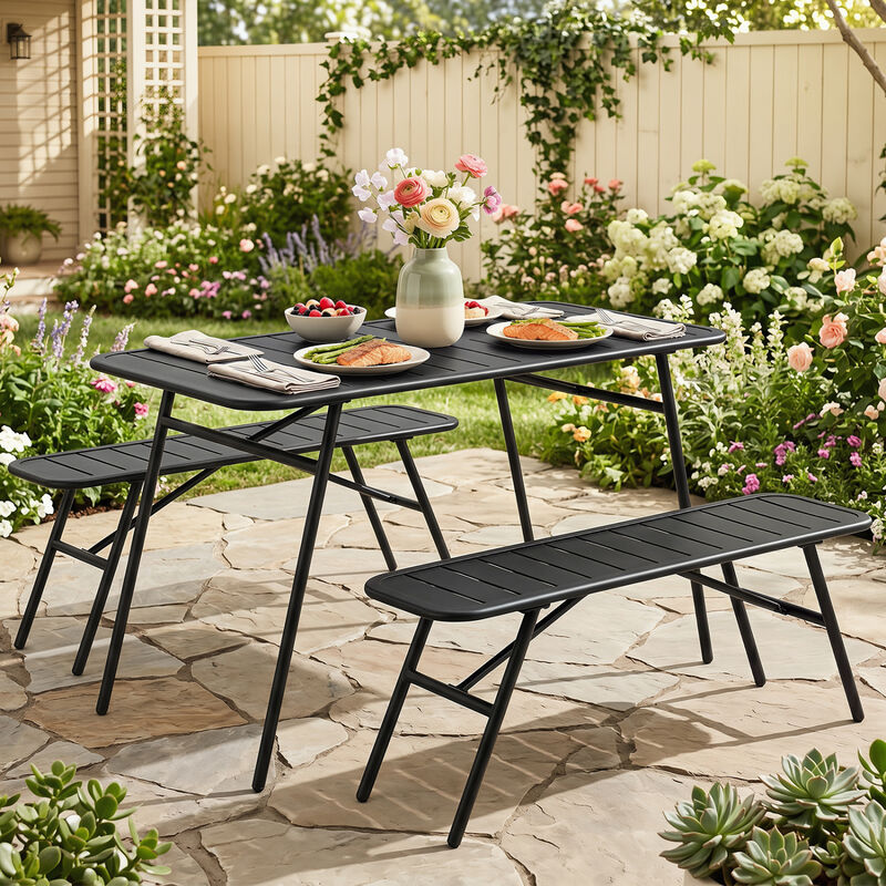 Outdoor Patio Dining Set 3 Piece with Table and 2 Benches for Garden, Deck, Backyard Use-Black image number 1