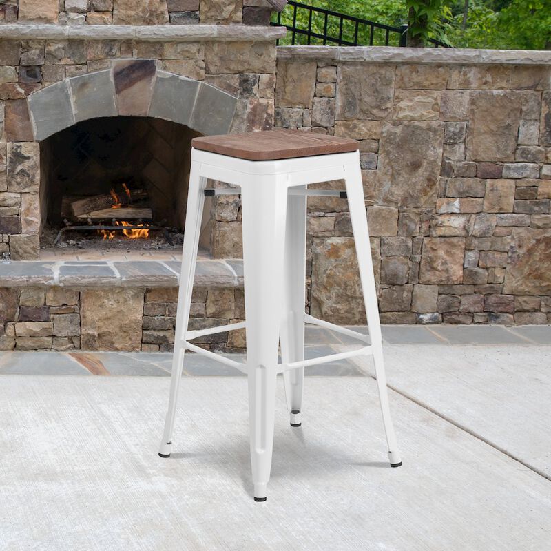 Flash Furniture 30" High Backless White Metal Barstool with Square Wood Seat image number 8