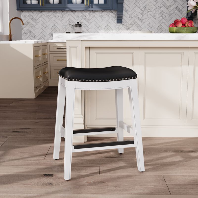 Streamdale 24" Counter Stool, White Finish, Black Leather Seat