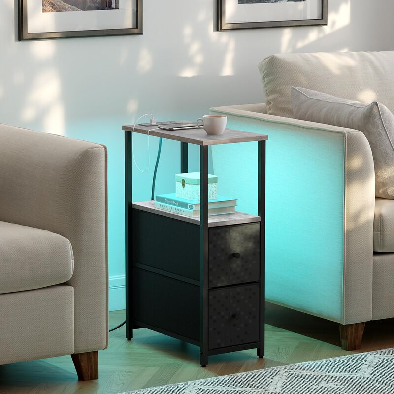 TUTOTAK Small Narrow LED End Table with Charging Station, Side Table Outlets, Nightstand with 2 Cloth Drawers, Set of 2, Couch T