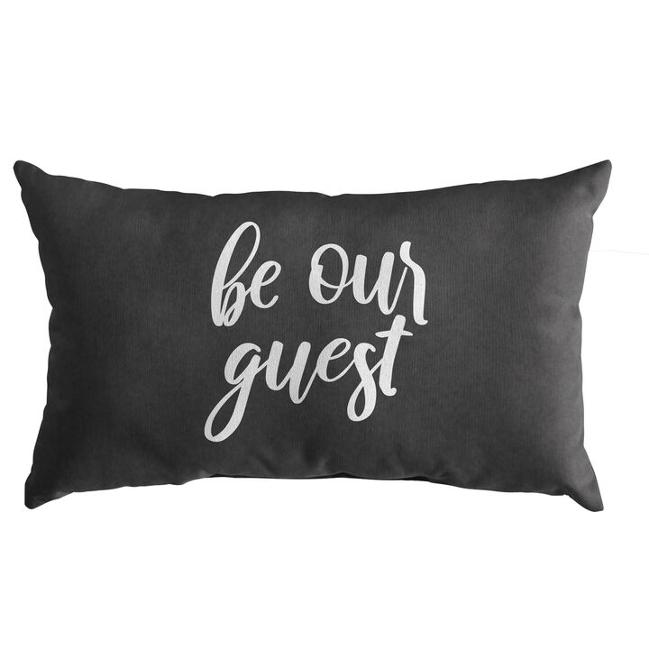 13" x 20" Gunmetal Black and White "Be Our Guest" Sunbrella Indoor and Outdoor Embroidered Lumbar Pillow