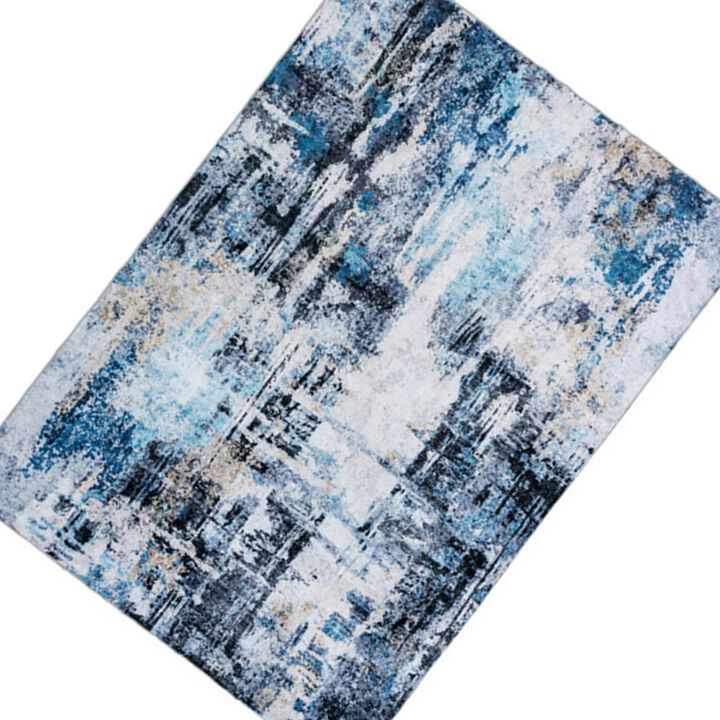 Rue 10 x 8 Large Soft Fabric Floor Area Rug, Washable, Abstract Blue and White Design - Benzara