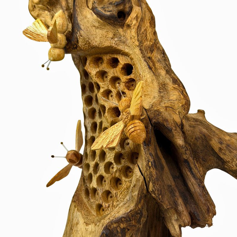 Wood Beehive Decorative Sculpture Natural Standing Accent With 3 Bees image number 4