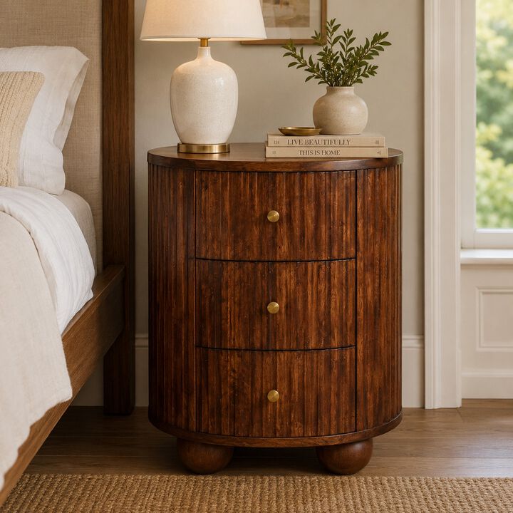 Artisan Furniture Solid Wood Curved Fluted Bedside Chest, Brown
