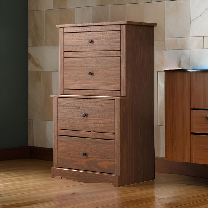 Stav Tall Dresser Chest with 4 Drawers, Plank Style, Brown Solid Wood - Benzara