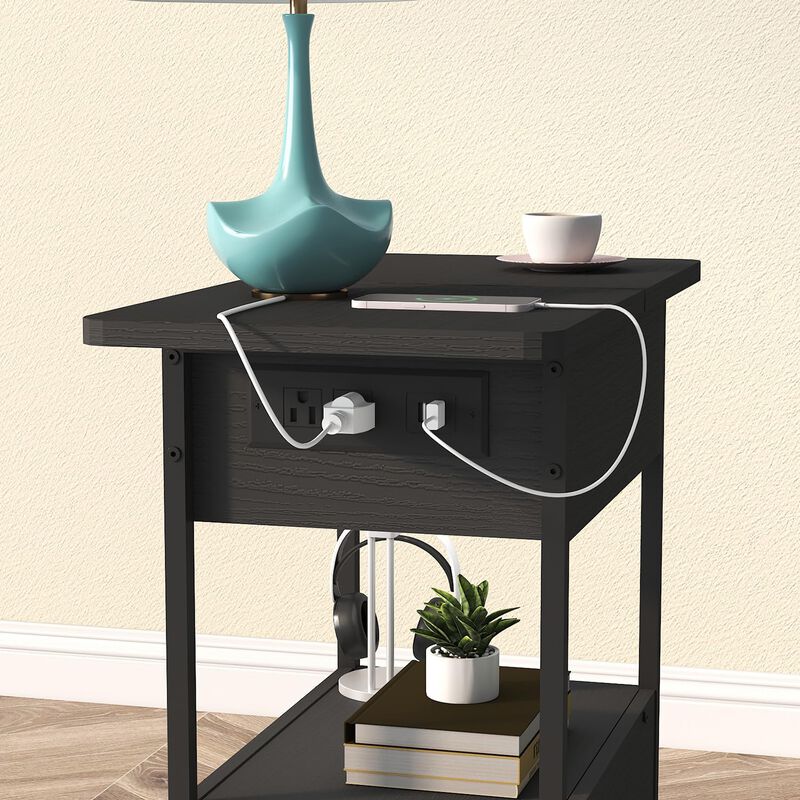 SOOWERY End Table with Charging Station, Narrow Side Table with Flip Top Cabinet and Fabric Drawer, Nightstand Bedside Tables fo