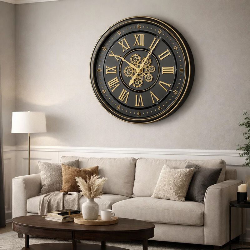 Wall Clock with Gears, Gold Roman Numerals, 32 Inch Round Black Metal image number 6