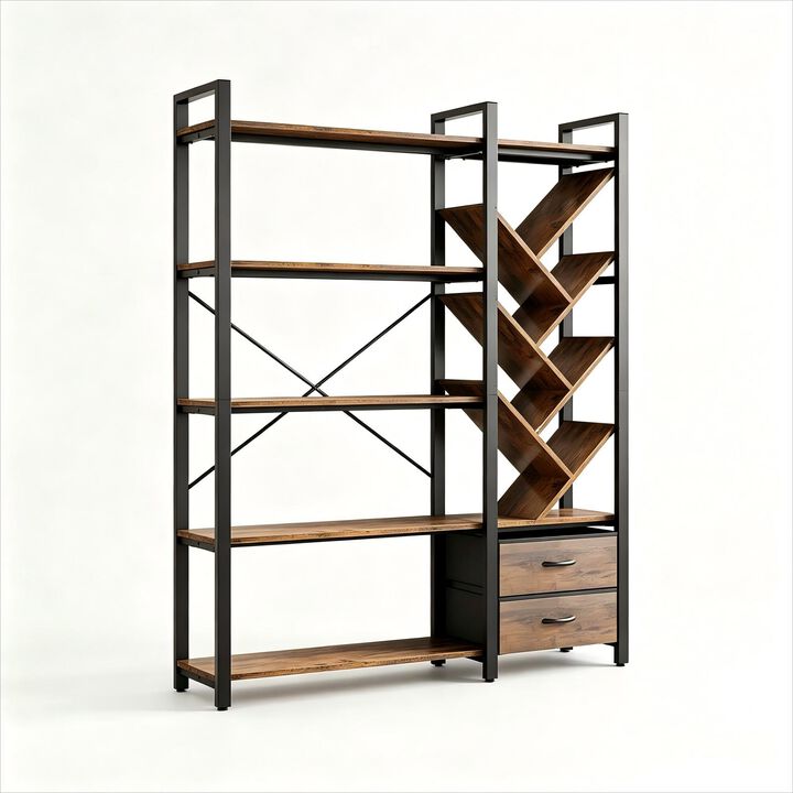 Bookshelf, 5 Tier Bookshelves with Tree Display Shelves, 65&rdquo; Tall Floor Standing Bookcase with 2 Drawers and 6 Adjustable Feet for Home, Office