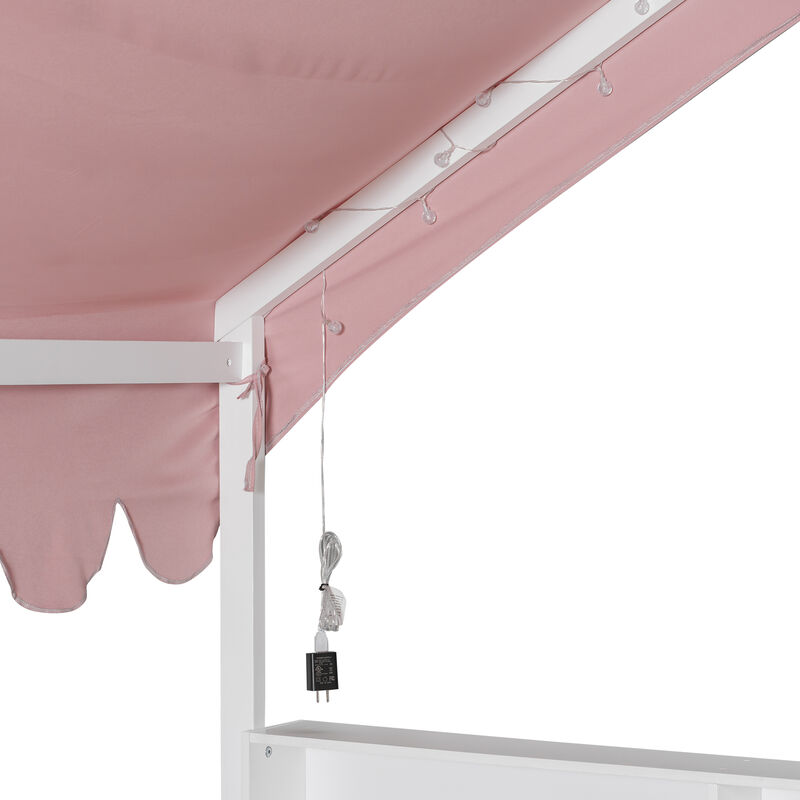 Merax Full Size Wooden Floor Bed,House-Shaped Daybed with Fense,3 Storage Bookshelves,Curtain and LED Light image number 4
