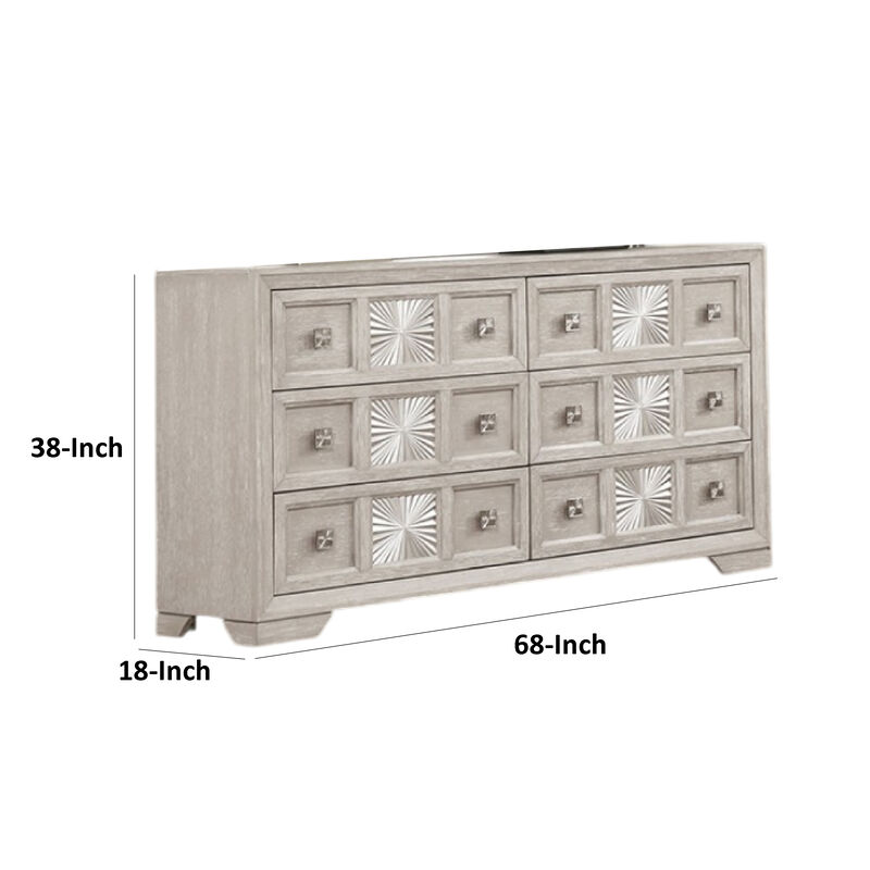 Diaz Wide Dresser, 6 Drawers, Sunburst Metal Design, Light Gray Wood - Benzara