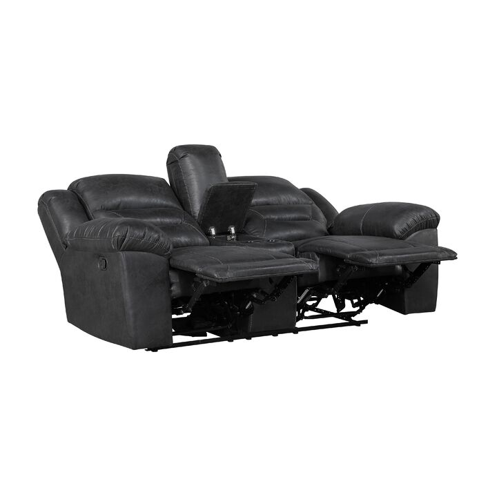 Henry Manual Double Reclining Loveseat w Console, Black Microfiber - Benzara