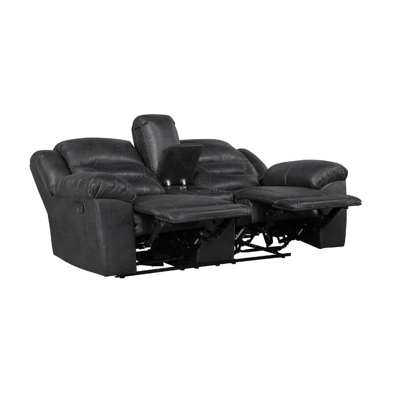 Henry Manual Double Reclining Loveseat w Console, Black Microfiber - Benzara