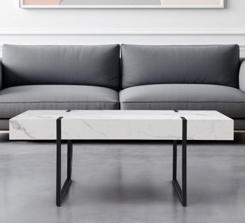Hivvago 43 Inch  White And Black Faux Marble And Metal With Iron Coffee Table