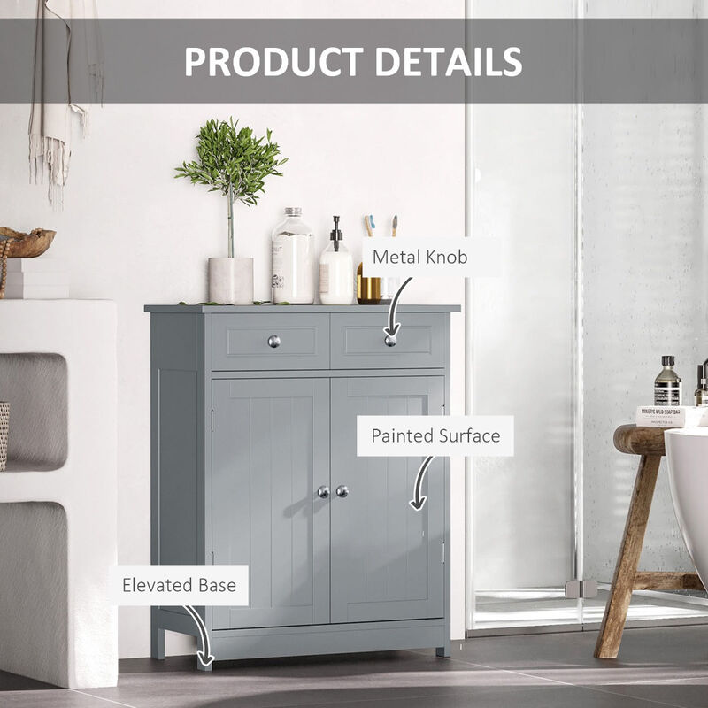 Small Bathroom Storage Cabinet, Freestanding Linen Cabinet with Metal Knob, Elevated Base and 2 Drawers, MDF Board, Bath Room Cabinet, Grey
