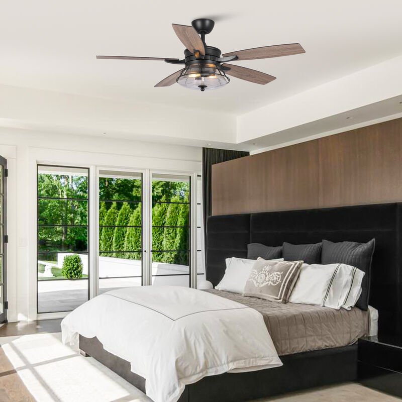 52" Seeded Glass Black Industrial Indoor Ceiling Fan with Remote and Light Kit